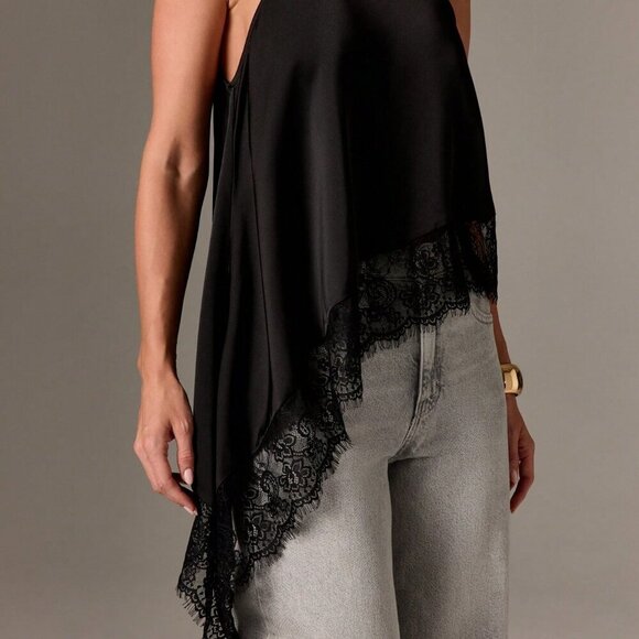 Black elegant Women's Sleeveless High Neck Lace Trim Asymmetric Satin Top - Picture 5 of 5